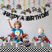 42Pcs Dirt Bike Party Decoration Kit, Motocross Party Hangling Swirls, Dirt Bike Extreme Sports Racing Birthday Party Banner,Cake Topper and Table Centerpieces for Man's or Boys