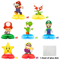 ANGOLIO Mario Brothers Honeycomb Centerpieces, 7 Pcs Luigi Centerpiece Kit Wario Table Topper for Birthday Party Decoration, Kinopio Double Sided Cake Topper Party Supplies for Kids, Photo Booth Props