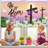 Easter He Is Risen Backdrop Banner, Printed With The Pattern Of The Cross Sun Peace Dove And Lily. The Polyester Material Has Four Threading Holes To Decorate The Christian Party Easter Gift Outdoor indoor Photo Background Cloth