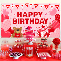 Happy Birthday Valentine's Day Backdrop for Photography Banner Valentine's Party Background Extra Large Backdrops Pink Heart-Shaped Balloons Love Bears Wedding Background Supplies For Indoor Outdoor Photo Booth Props.