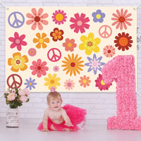 Hippie Groovy Backdrop Banner 60's70's Party Background Extra Large Backdrops Boho Flower Peace Logo Party Sign Scene Setters Wall Decoration Supplies for Indoor Outdoor Photo Booth Props