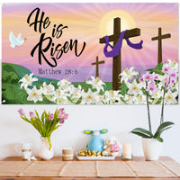 Easter He Is Risen Backdrop Banner, Printed With The Pattern Of The Cross Sun Peace Dove And Lily. The Polyester Material Has Four Threading Holes To Decorate The Christian Party Easter Gift Outdoor indoor Photo Background Cloth