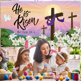 Easter He Is Risen Backdrop Banner, Printed With The Pattern Of The Cross Sun Peace Dove And Lily. The Polyester Material Has Four Threading Holes To Decorate The Christian Party Easter Gift Outdoor indoor Photo Background Cloth