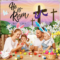 Easter He Is Risen Backdrop Banner, Printed With The Pattern Of The Cross Sun Peace Dove And Lily. The Polyester Material Has Four Threading Holes To Decorate The Christian Party Easter Gift Outdoor indoor Photo Background Cloth